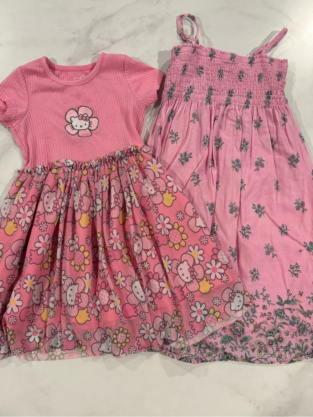 Hello Kitty & GAP Girls Pink Floral Dress + Pink Smocked Sundress Set SZ: 4/5